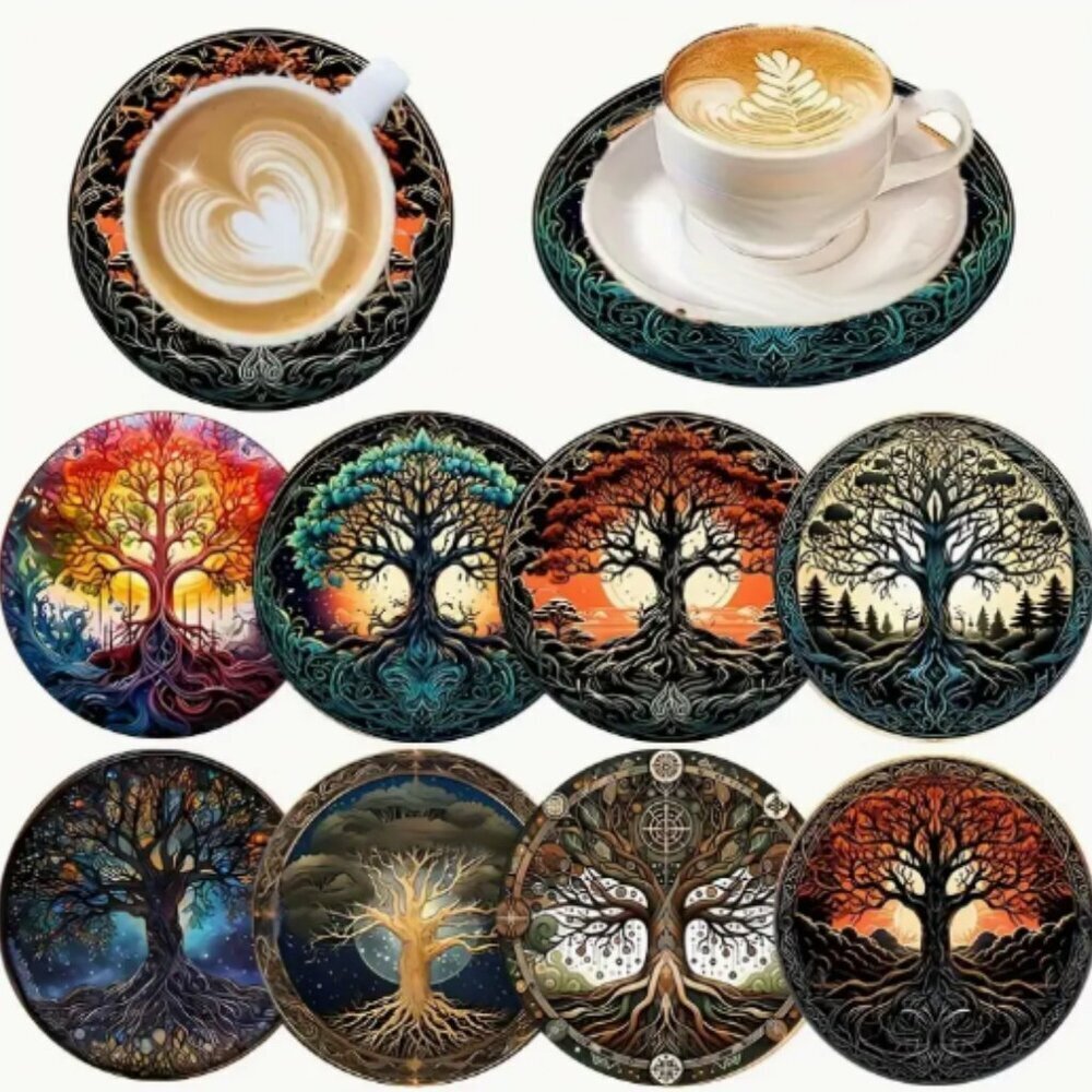 Tree of Life Wooden Coaster Set 8 pc NWT